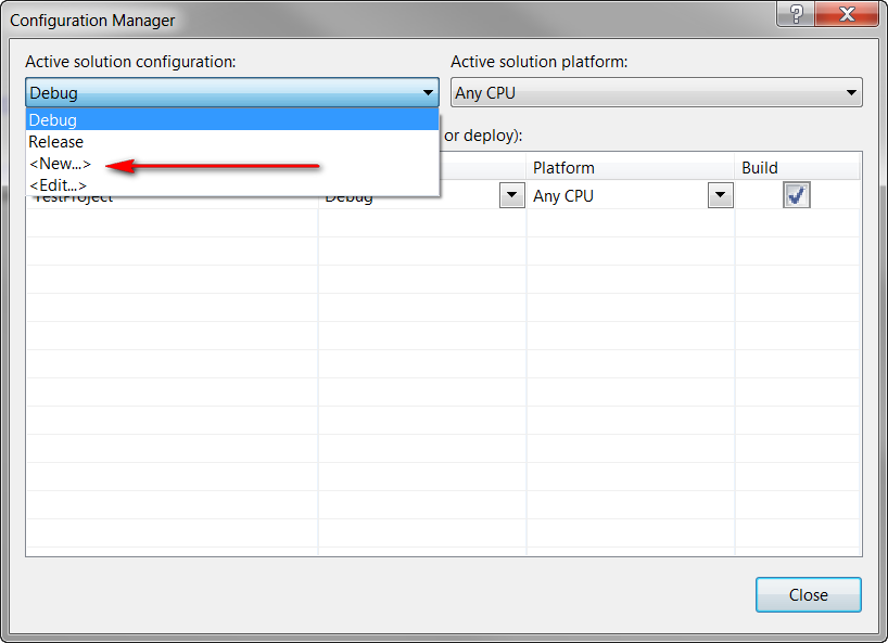 Visual Studio 2010 transformación de web.config para diferentes ambientes - Cree nueva configuración de proyecto