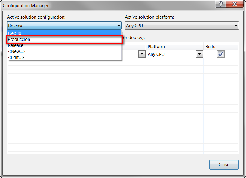 Visual Studio 2010 transformación de web.config para diferentes ambientes - Nueva configuración de proyecto creada