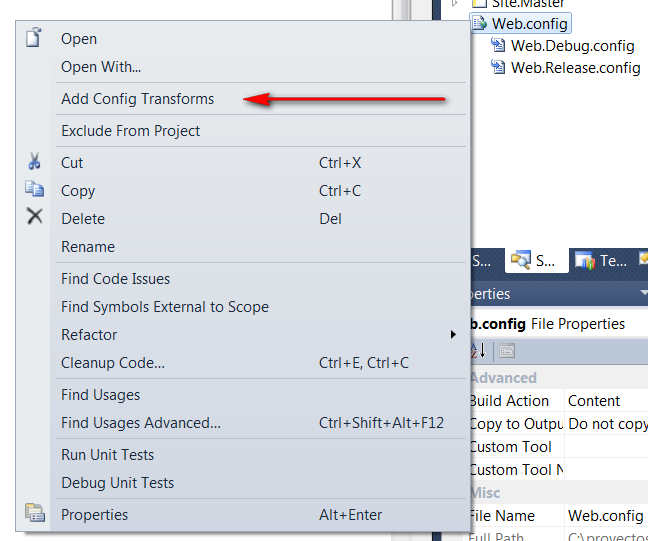 Visual Studio 2010 transformación de web.config para diferentes ambientes - Agregué transformaciones de configuración